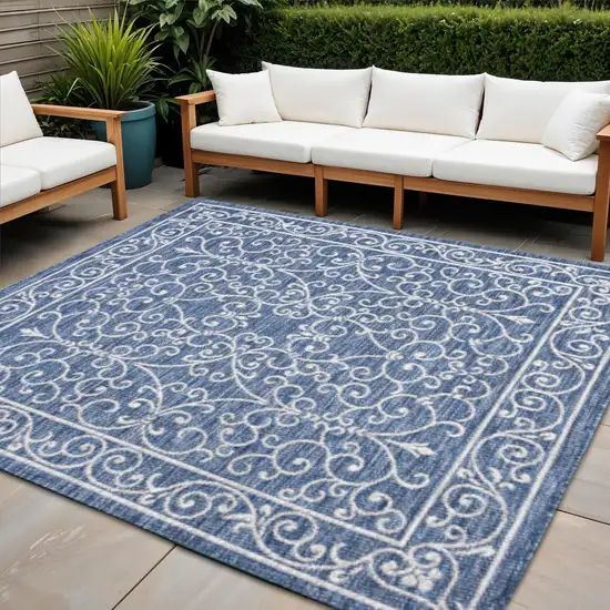 9' Navy Blue And Gray Square Medallion Indoor Outdoor Area Rug Photo 1