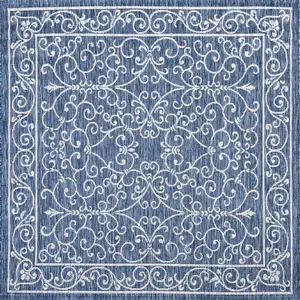 Photo of 9' Navy Blue And Gray Square Medallion Indoor Outdoor Area Rug