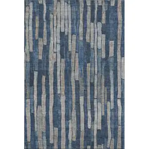 Photo of 8' Navy Blue And Gray Striped Washable Area Rug With UV Protection