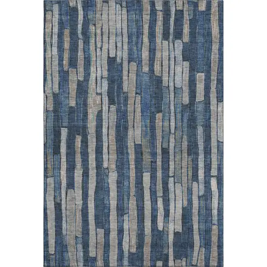 8' Navy Blue And Gray Striped Washable Area Rug With UV Protection Photo 1