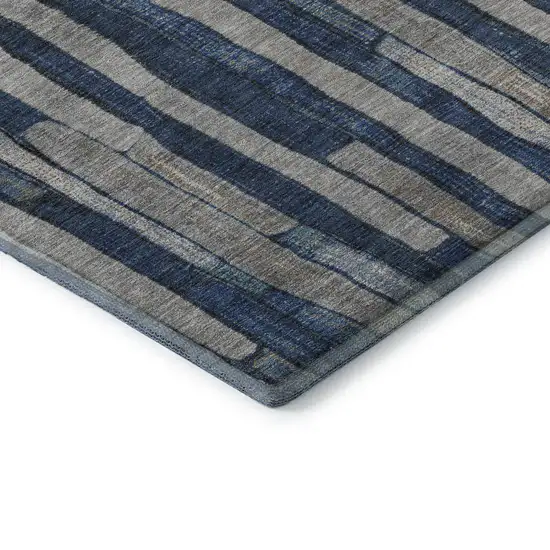 8' Navy Blue And Gray Striped Washable Area Rug With UV Protection Photo 7