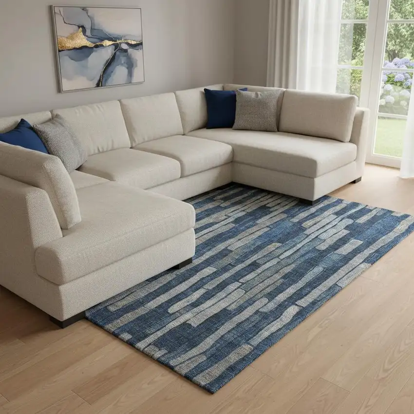 8' Navy Blue And Gray Striped Washable Area Rug With UV Protection Photo 2