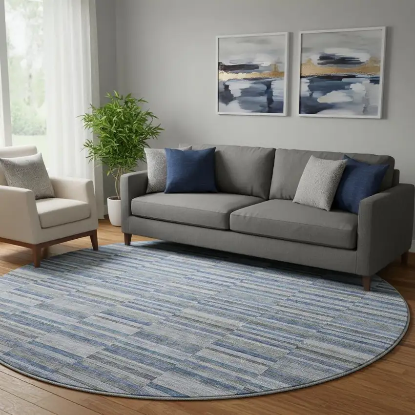 8' Navy Blue And Gray Striped Washable Round Rug With UV Protection Photo 1