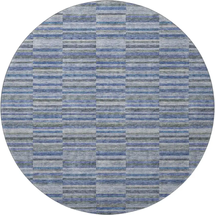 8' Navy Blue And Gray Striped Washable Round Rug With UV Protection Photo 4