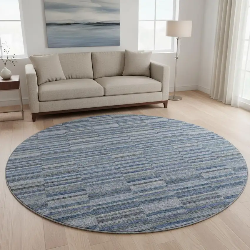8' Navy Blue And Gray Striped Washable Round Rug With UV Protection Photo 2
