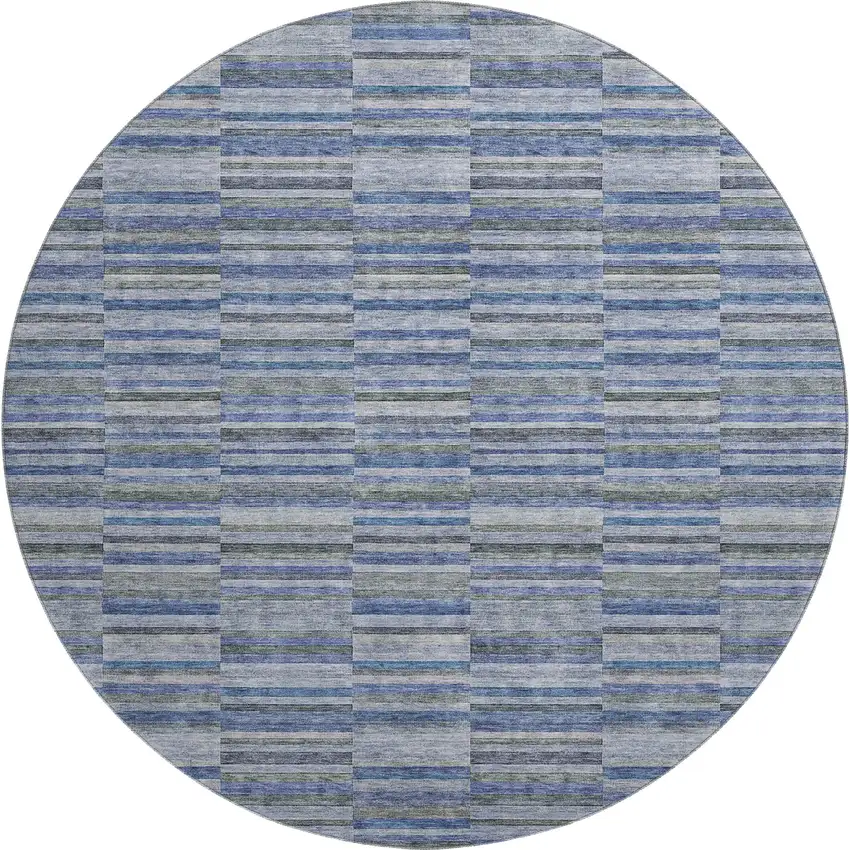 8' Navy Blue And Gray Striped Washable Round Rug With UV Protection Photo 1