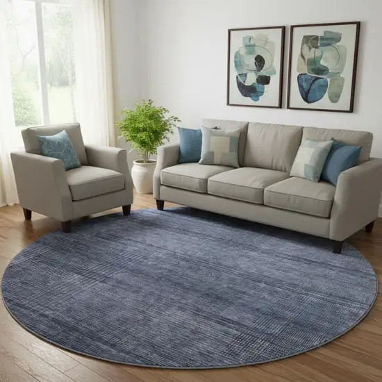 8' Navy Blue And Gray Striped Washable Round Rug With UV Protection Photo 1