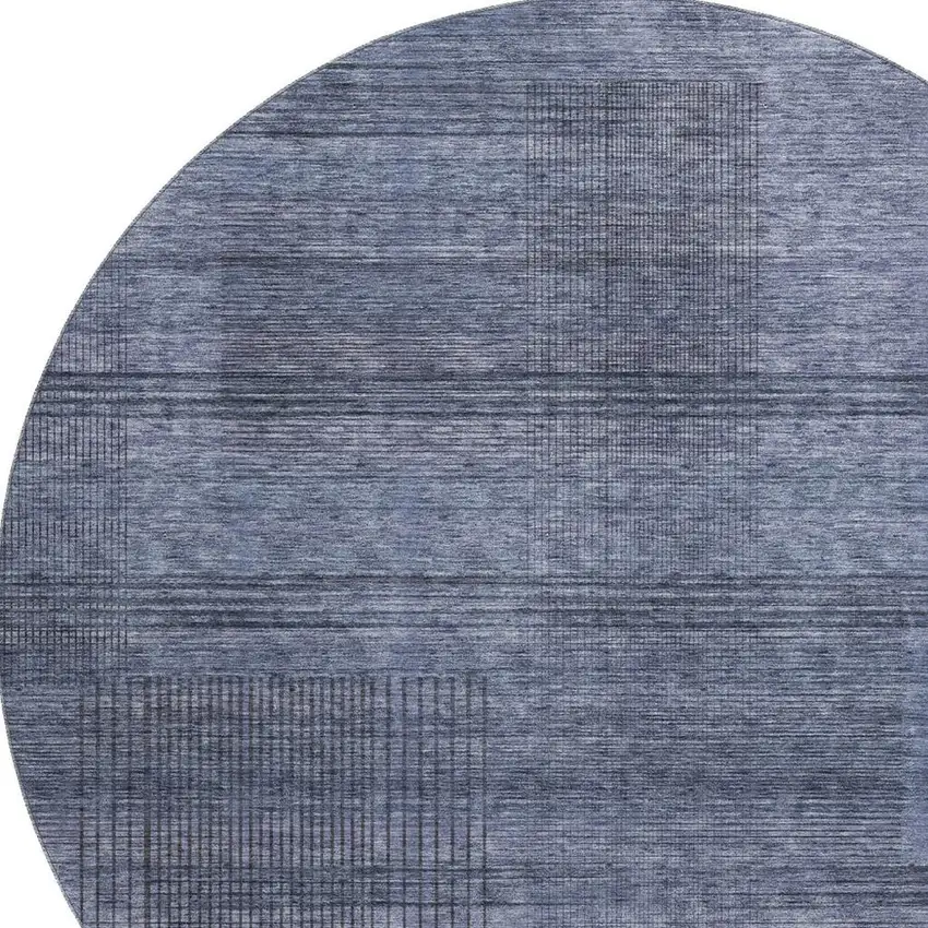 8' Navy Blue And Gray Striped Washable Round Rug With UV Protection Photo 3
