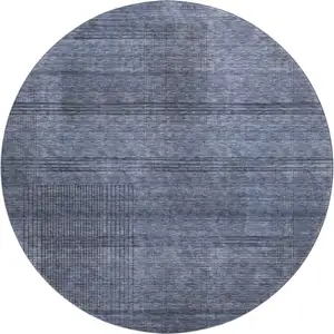 Photo of 8' Navy Blue And Gray Striped Washable Round Rug With UV Protection