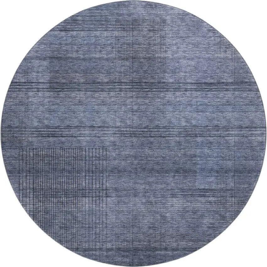 8' Navy Blue And Gray Striped Washable Round Rug With UV Protection Photo 1