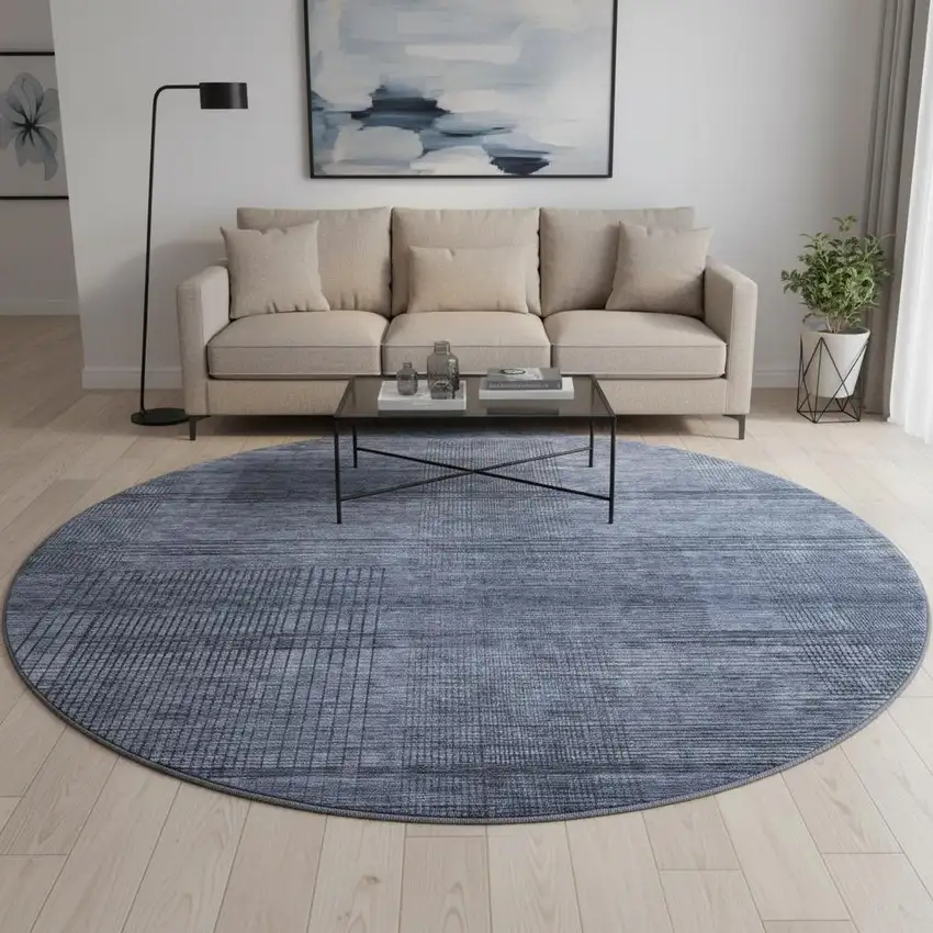 8' Navy Blue And Gray Striped Washable Round Rug With UV Protection Photo 2