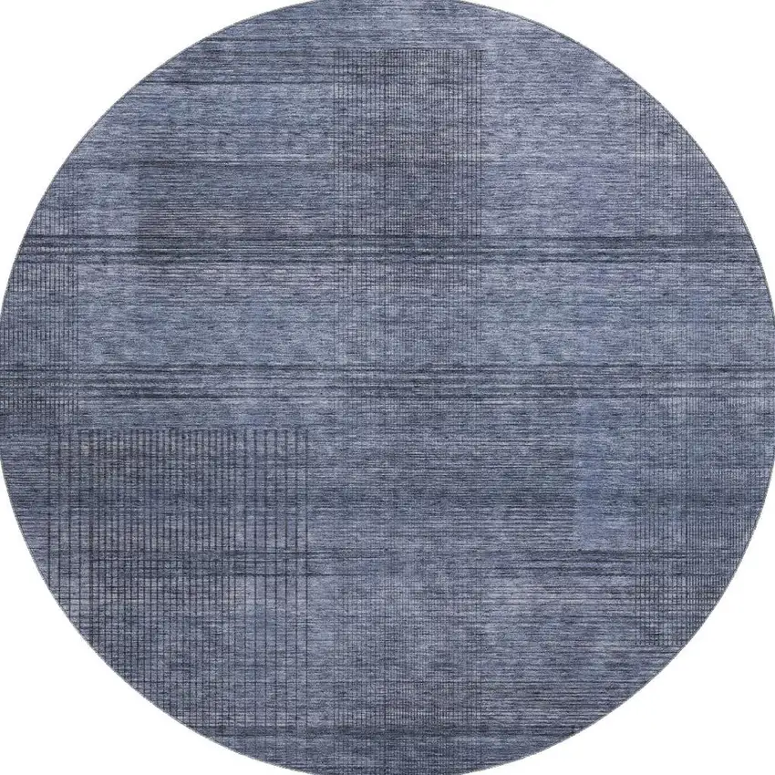 8' Navy Blue And Gray Striped Washable Round Rug With UV Protection Photo 4