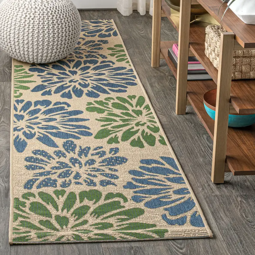 20' Navy Blue And Green Floral Indoor Outdoor Runner Rug Photo 4