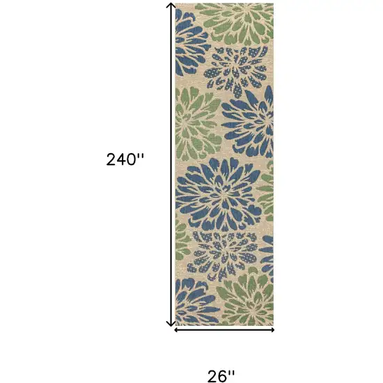 20' Navy Blue And Green Floral Indoor Outdoor Runner Rug Photo 6