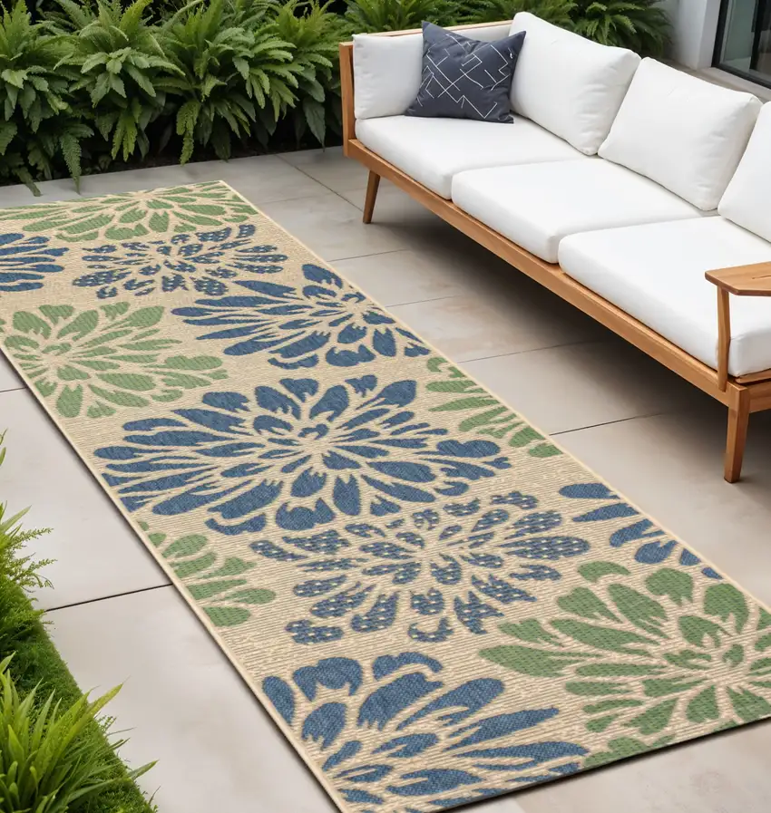 20' Navy Blue And Green Floral Indoor Outdoor Runner Rug Photo 1