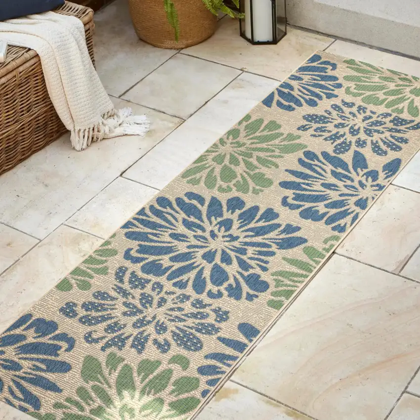 8' Navy Blue And Green Floral Indoor Outdoor Runner Rug Photo 4