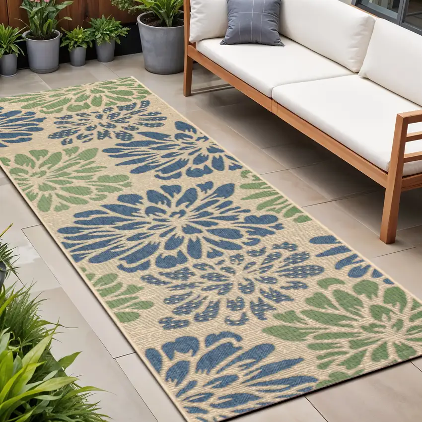8' Navy Blue And Green Floral Indoor Outdoor Runner Rug Photo 1