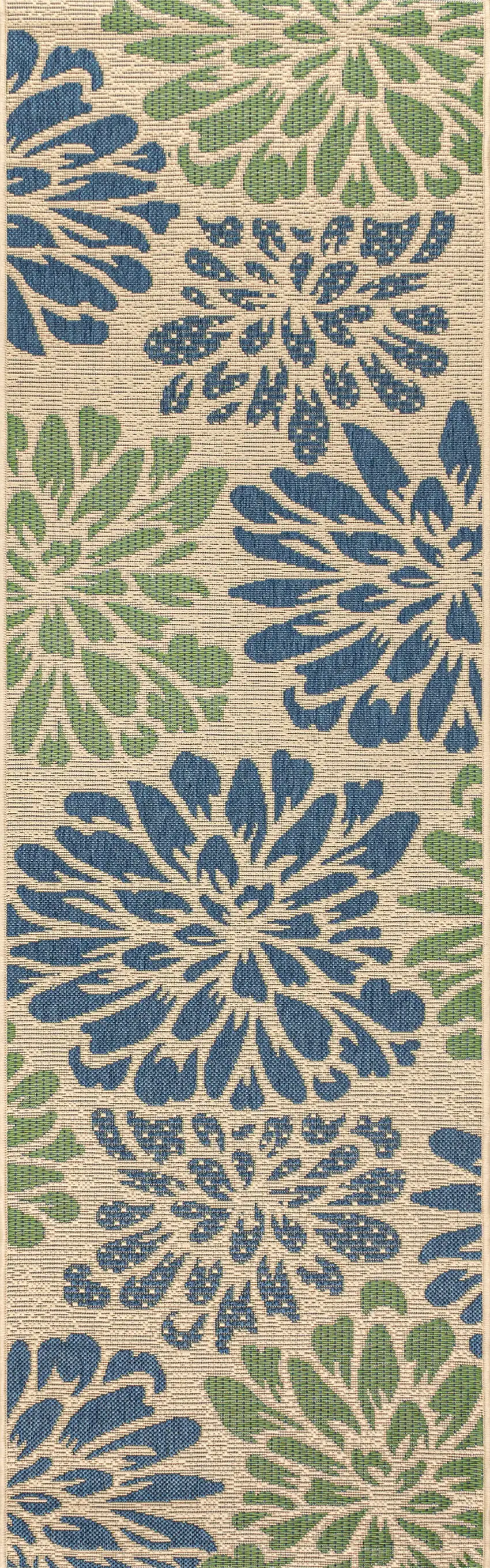 8' Navy Blue And Green Floral Indoor Outdoor Runner Rug Photo 1