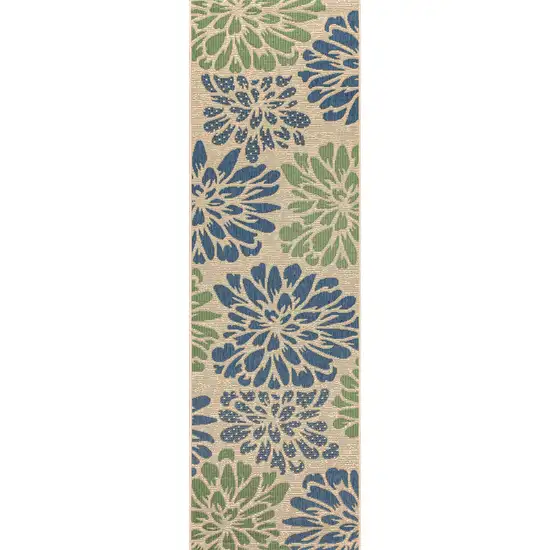 8' Navy Blue And Green Floral Indoor Outdoor Runner Rug Photo 2