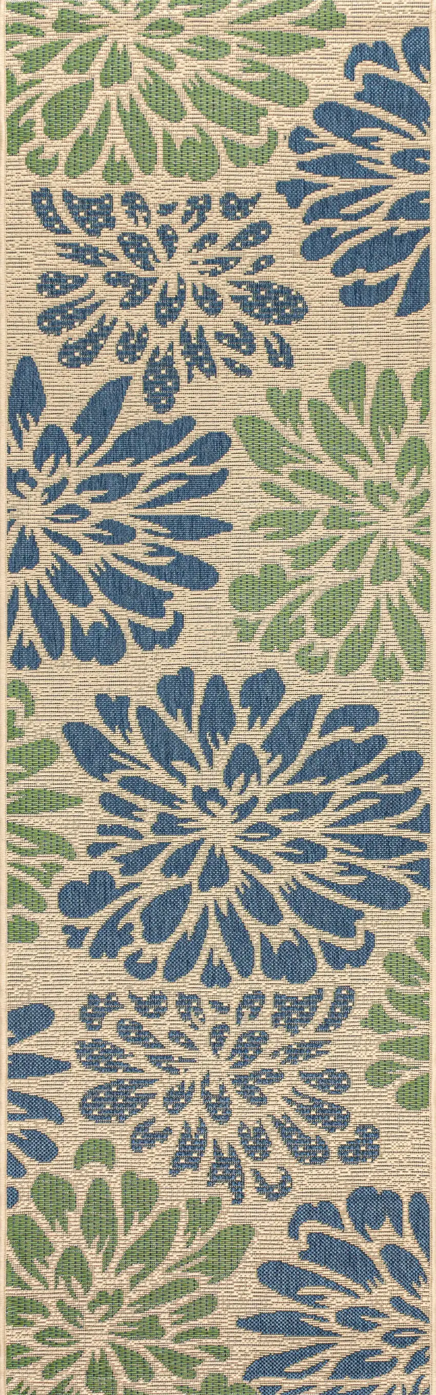 8' Navy Blue And Green Floral Indoor Outdoor Runner Rug Photo 2