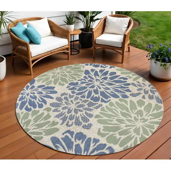 8' Navy Blue And Green Round Floral Indoor Outdoor Area Rug Photo 1