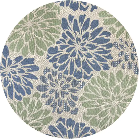 8' Navy Blue And Green Round Floral Indoor Outdoor Area Rug Photo 1