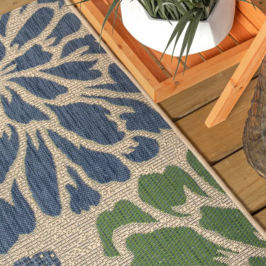 9' Navy Blue And Green Round Floral Indoor Outdoor Area Rug Photo 6