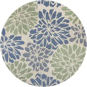 Photo of 9' Navy Blue And Green Round Floral Indoor Outdoor Area Rug