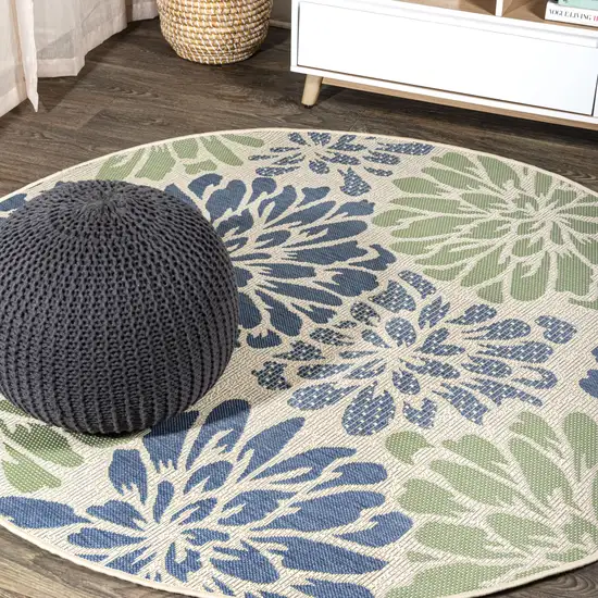 9' Navy Blue And Green Round Floral Indoor Outdoor Area Rug Photo 4