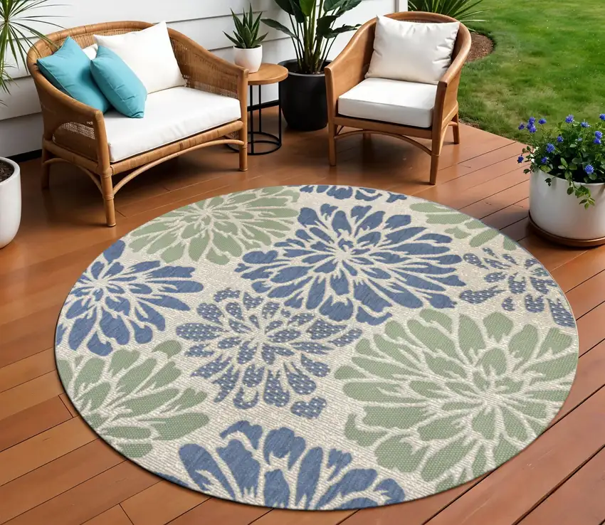 9' Navy Blue And Green Round Floral Indoor Outdoor Area Rug Photo 1