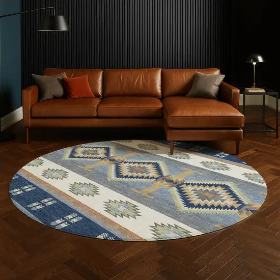 8' Navy Blue And Green Round Southwestern Washable Indoor Outdoor Area Rug Photo 5