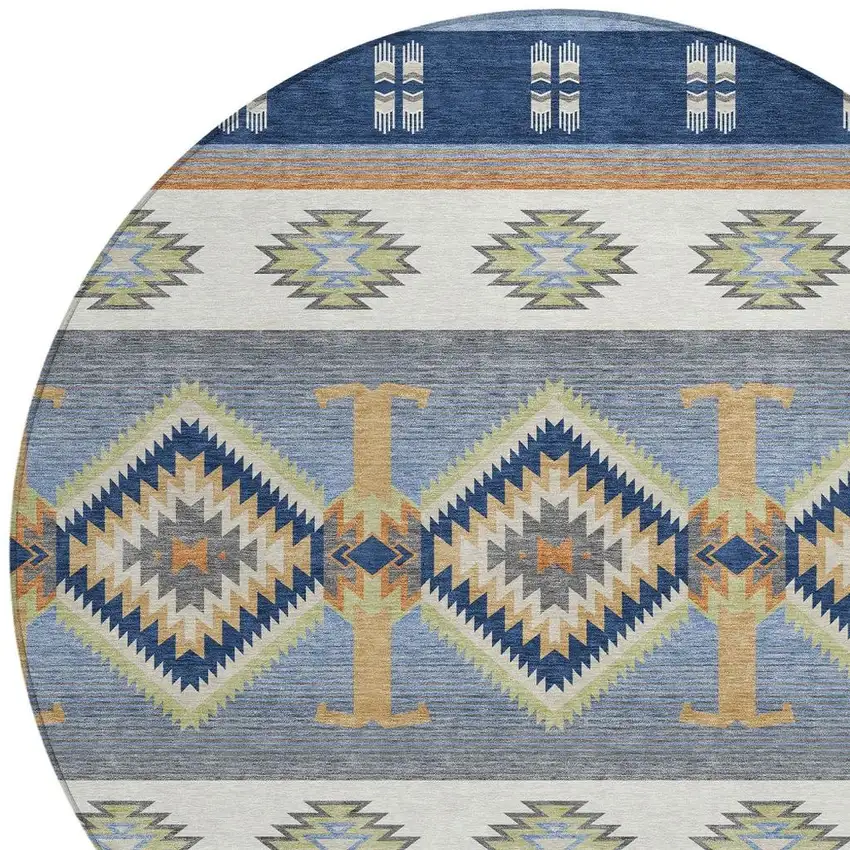 8' Navy Blue And Green Round Southwestern Washable Indoor Outdoor Area Rug Photo 2