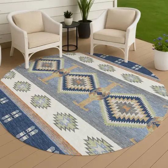 8' Navy Blue And Green Round Southwestern Washable Indoor Outdoor Area Rug Photo 4