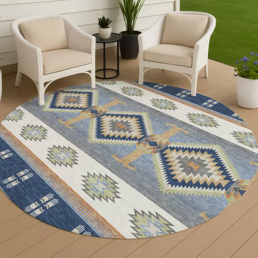 8' Navy Blue And Green Round Southwestern Washable Indoor Outdoor Area Rug Photo 4