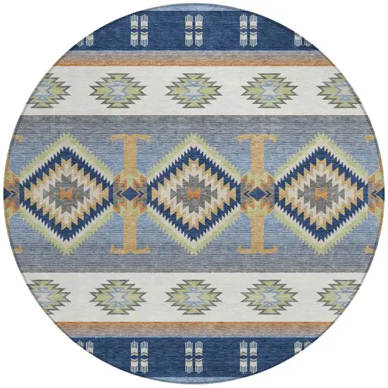 8' Navy Blue And Green Round Southwestern Washable Indoor Outdoor Area Rug Photo 3