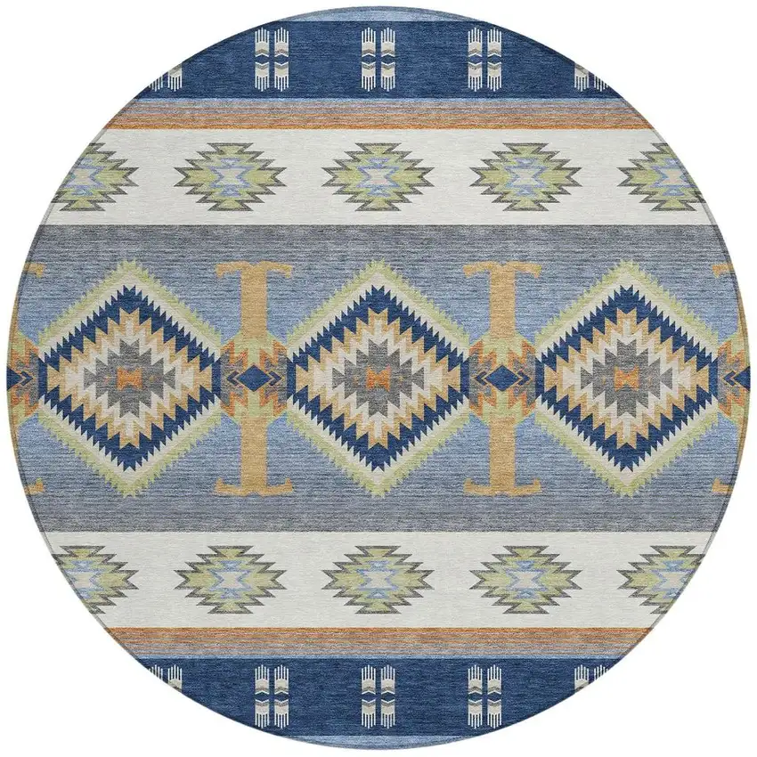8' Navy Blue And Green Round Southwestern Washable Indoor Outdoor Area Rug Photo 3