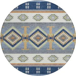 Photo of 8' Navy Blue And Green Round Southwestern Washable Indoor Outdoor Area Rug
