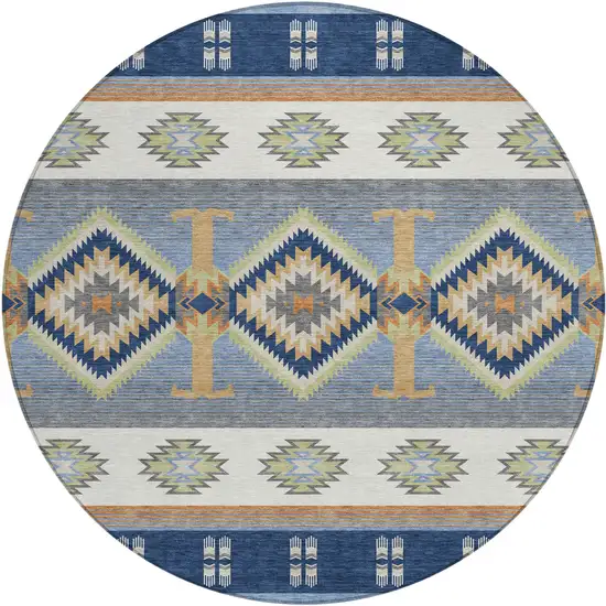 8' Navy Blue And Green Round Southwestern Washable Indoor Outdoor Area Rug Photo 1
