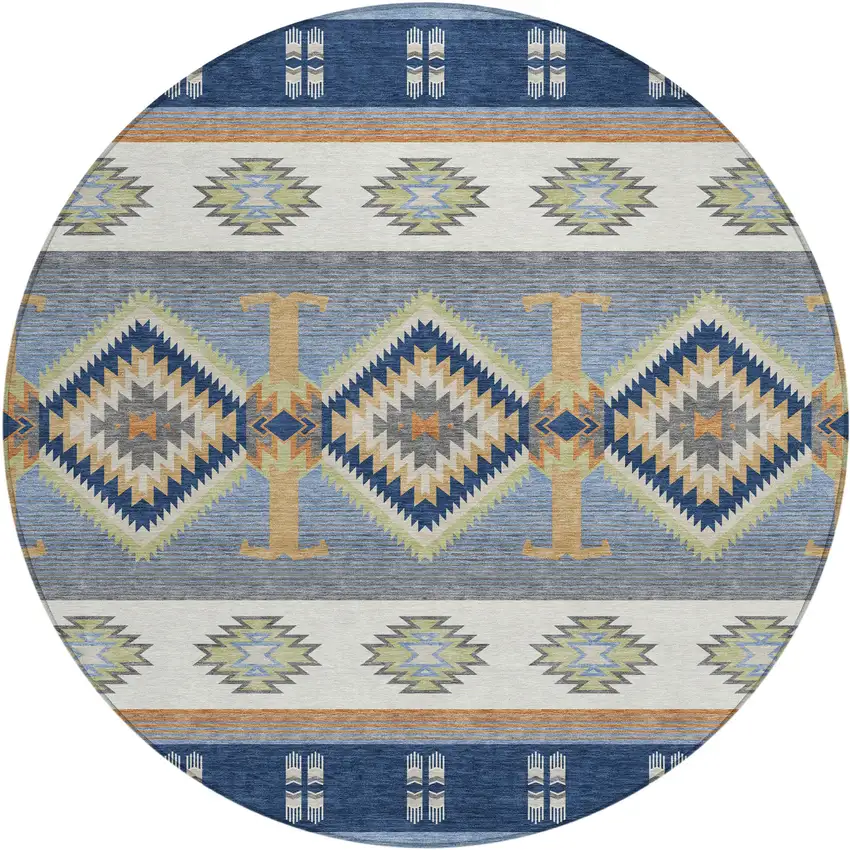8' Navy Blue And Green Round Southwestern Washable Indoor Outdoor Area Rug Photo 1