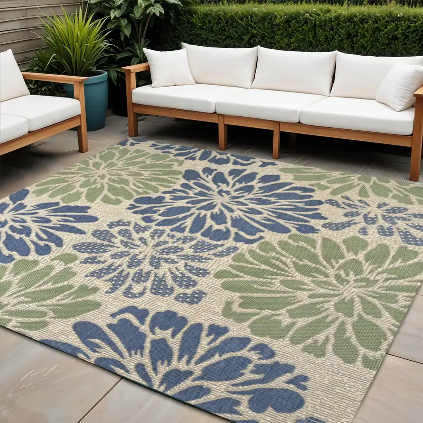 8' Navy Blue And Green Square Floral Indoor Outdoor Area Rug Photo 1
