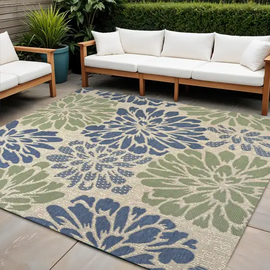9' Navy Blue And Green Square Floral Indoor Outdoor Area Rug Photo 1