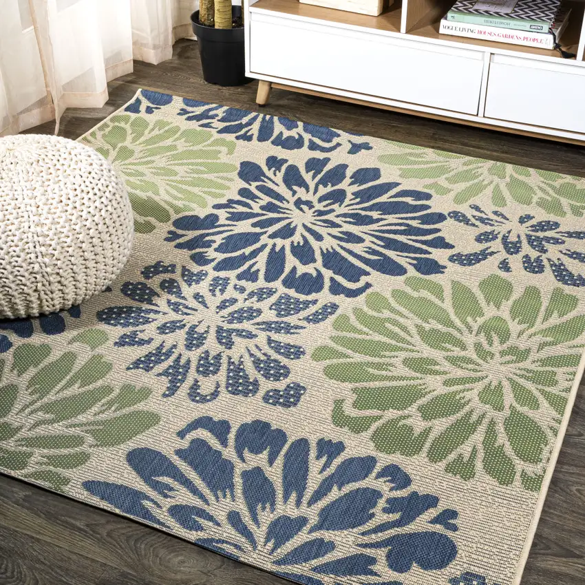 9' Navy Blue And Green Square Floral Indoor Outdoor Area Rug Photo 4