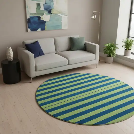 8' Navy Blue And Green Striped Washable Round Rug With UV Protection Photo 2