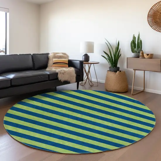 8' Navy Blue And Green Striped Washable Round Rug With UV Protection Photo 5
