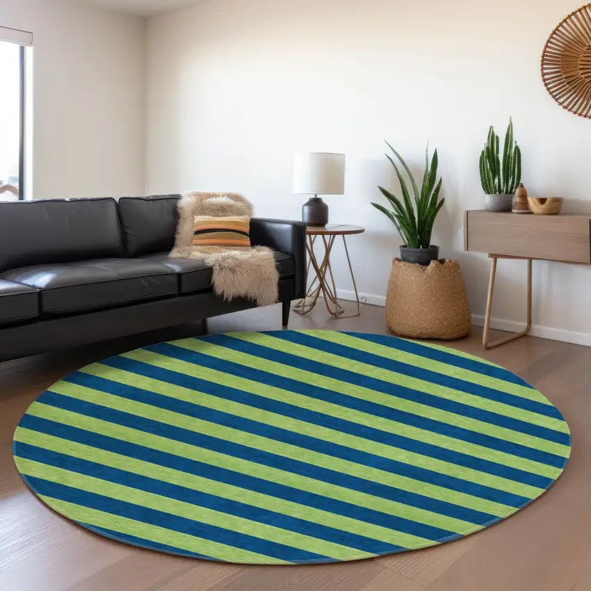 8' Navy Blue And Green Striped Washable Round Rug With UV Protection Photo 5