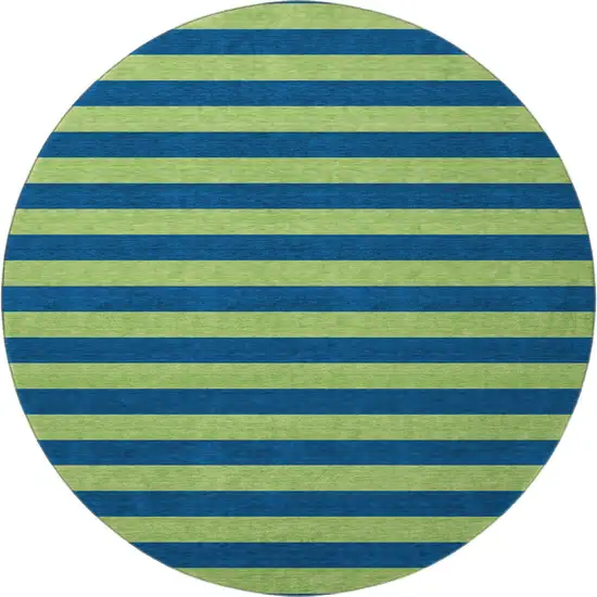 8' Navy Blue And Green Striped Washable Round Rug With UV Protection Photo 4