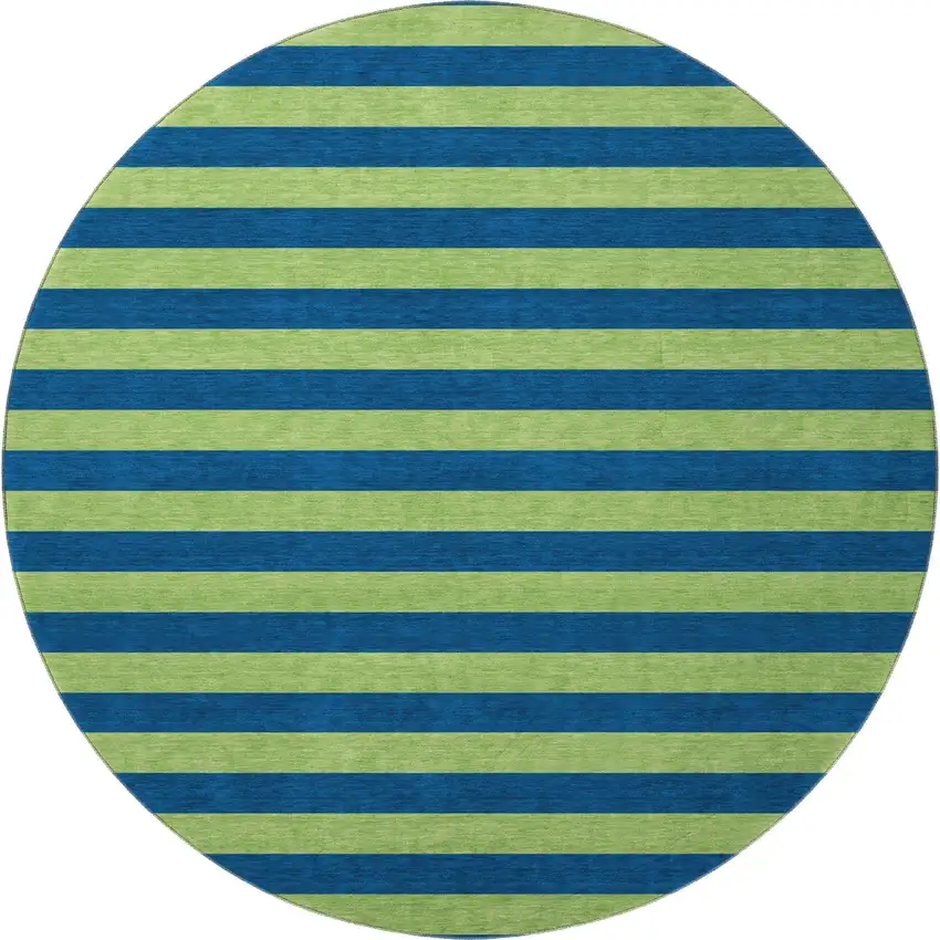 8' Navy Blue And Green Striped Washable Round Rug With UV Protection Photo 4