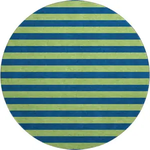 Photo of 8' Navy Blue And Green Striped Washable Round Rug With UV Protection