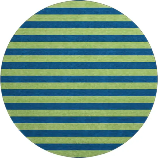 8' Navy Blue And Green Striped Washable Round Rug With UV Protection Photo 1