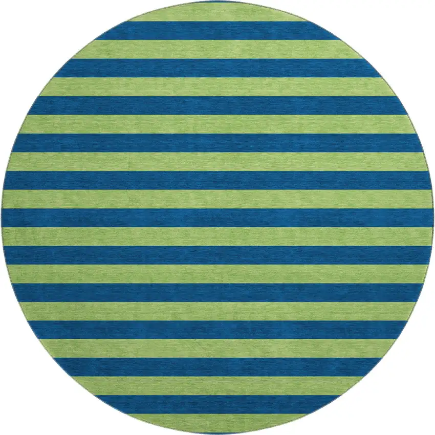 8' Navy Blue And Green Striped Washable Round Rug With UV Protection Photo 1